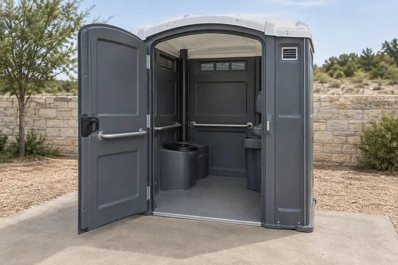 Wide-entry portable restroom and doorway