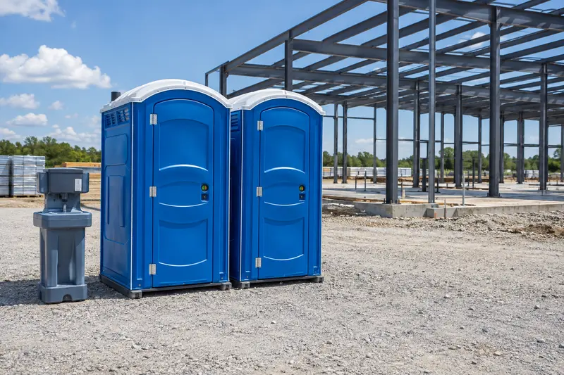 Portable restrooms serving an illustrative building site