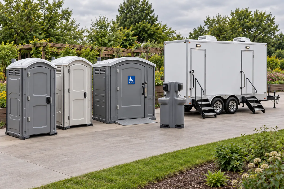 Illustrative restroom lineup beside a garden path: portable cabins, wide-entry unit, washing station and trailer