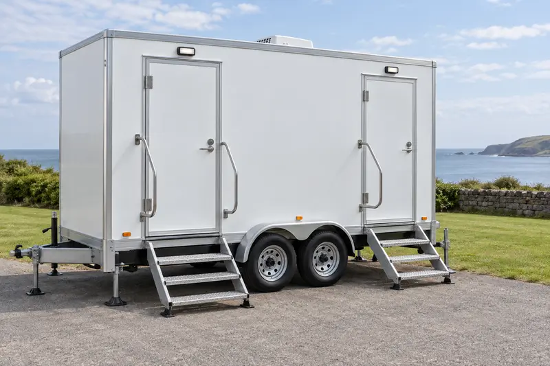 Restroom trailer with exterior access steps