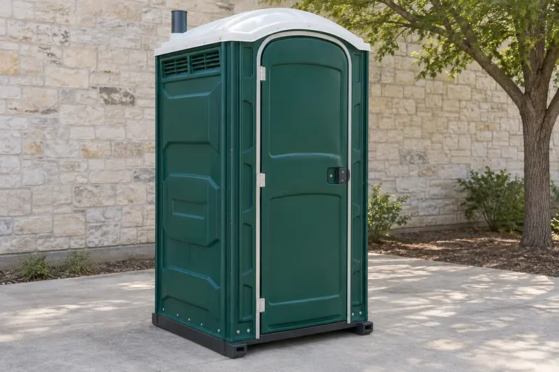 Green self-contained toilet cabin, shown in full