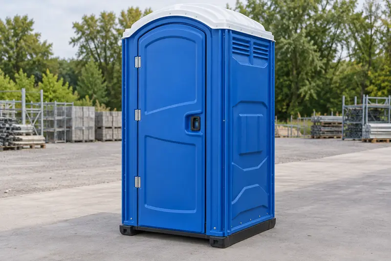 Blue portable toilet with closed entrance
